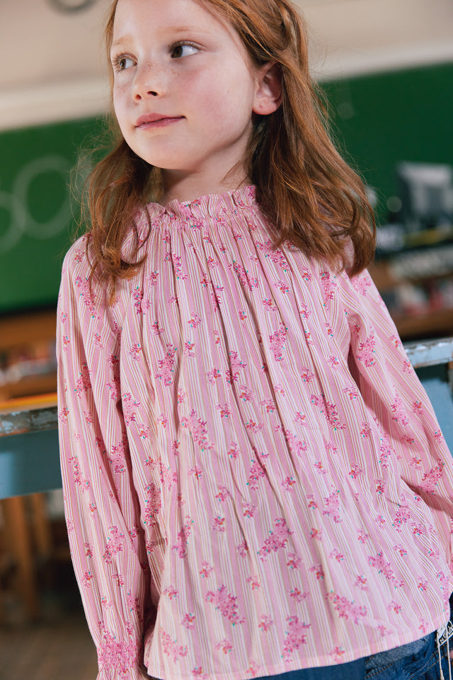 Blouse - Ficelle rose clair rayé et fleuri - Image principale